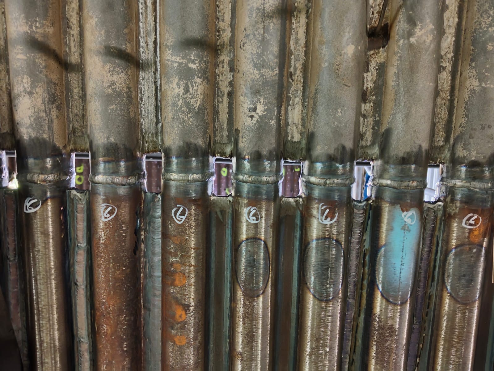 Completed welds on boiler tubes