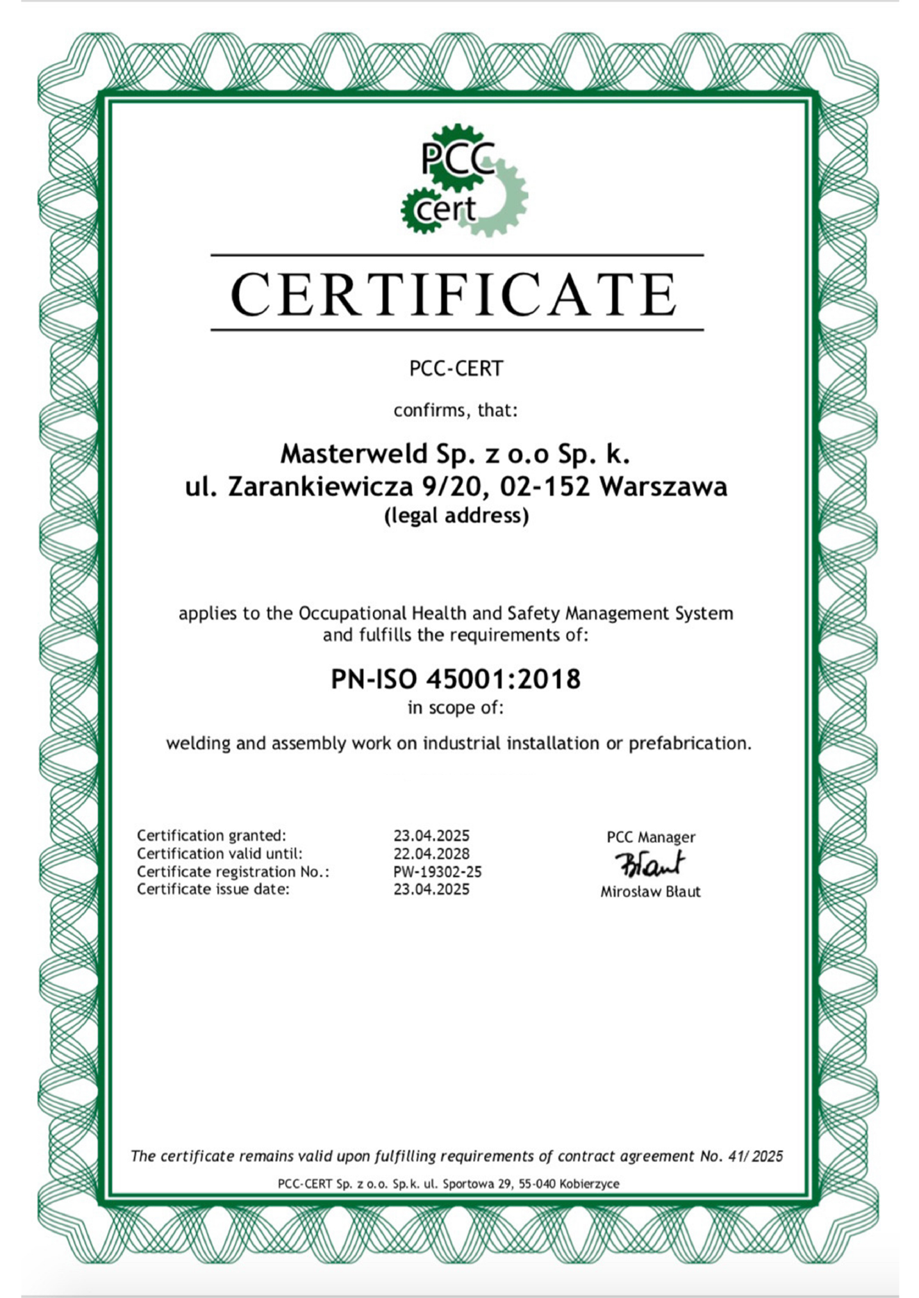 MASTERWELD ISO 45001:2018 certificate